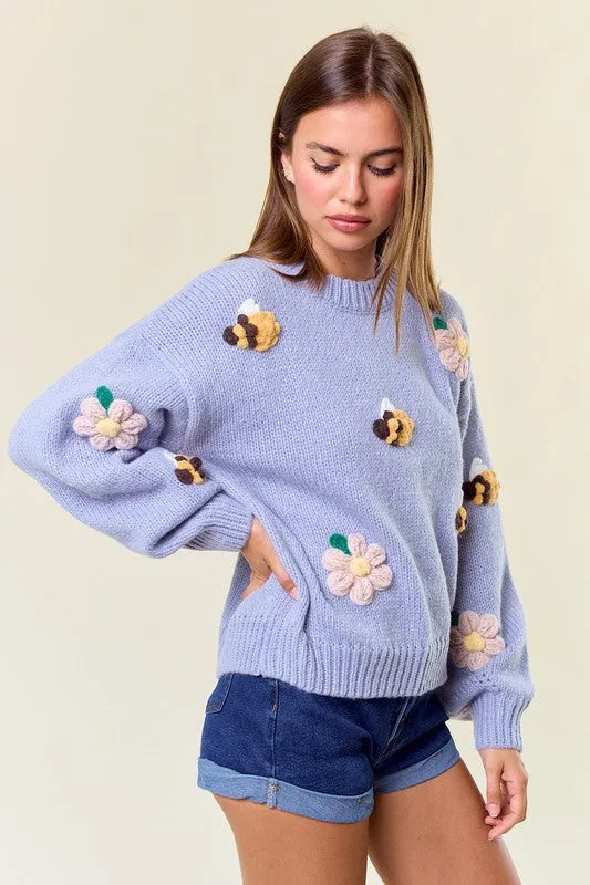 Pastel Blue Bee Knit Sweater