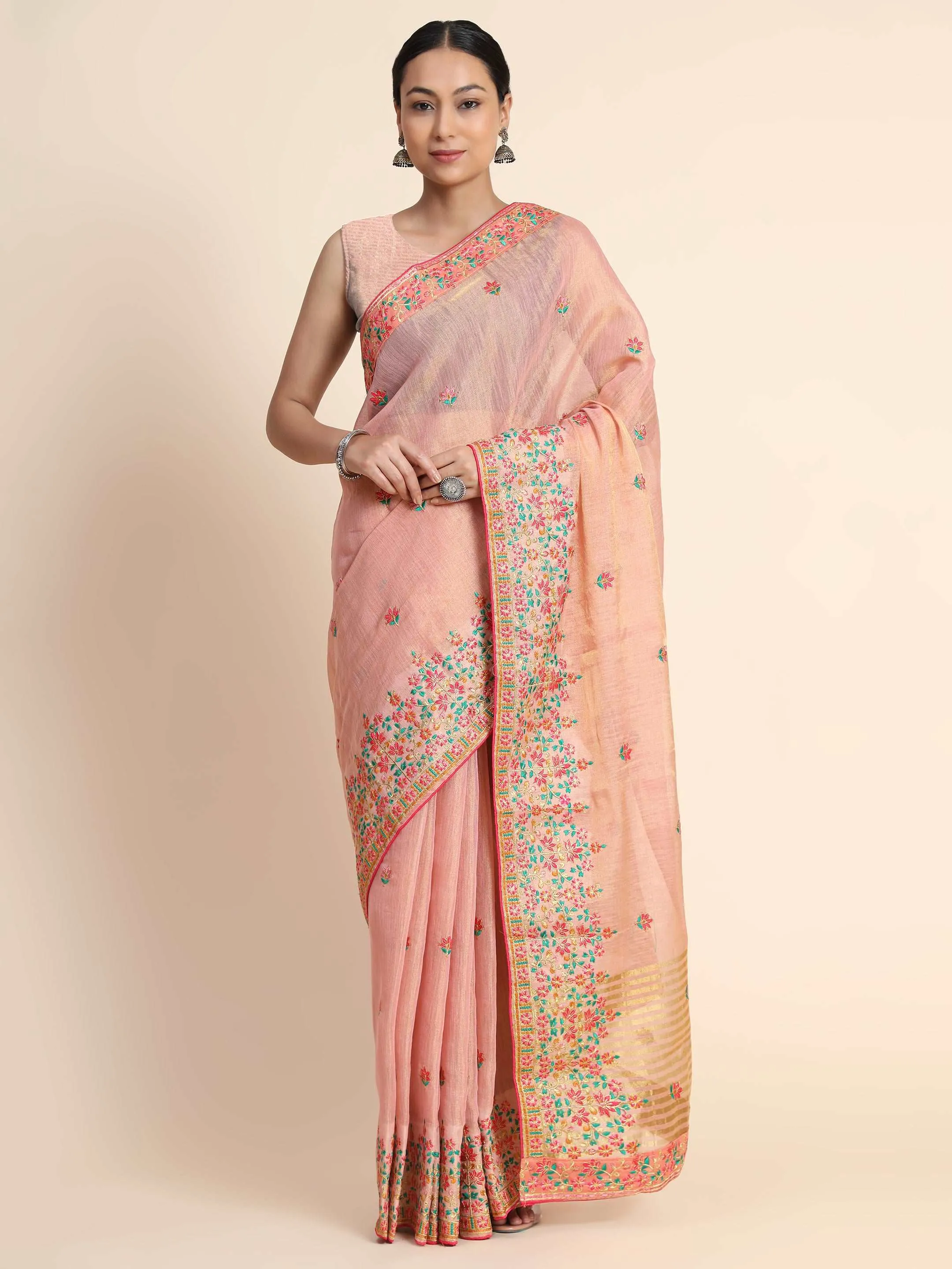 Pastel Pink Saree in Gold Tissue Embroidered Panel Work