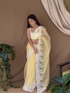 Pastel Yellow Saree in Organza Lucknowi Viscose Thread Work