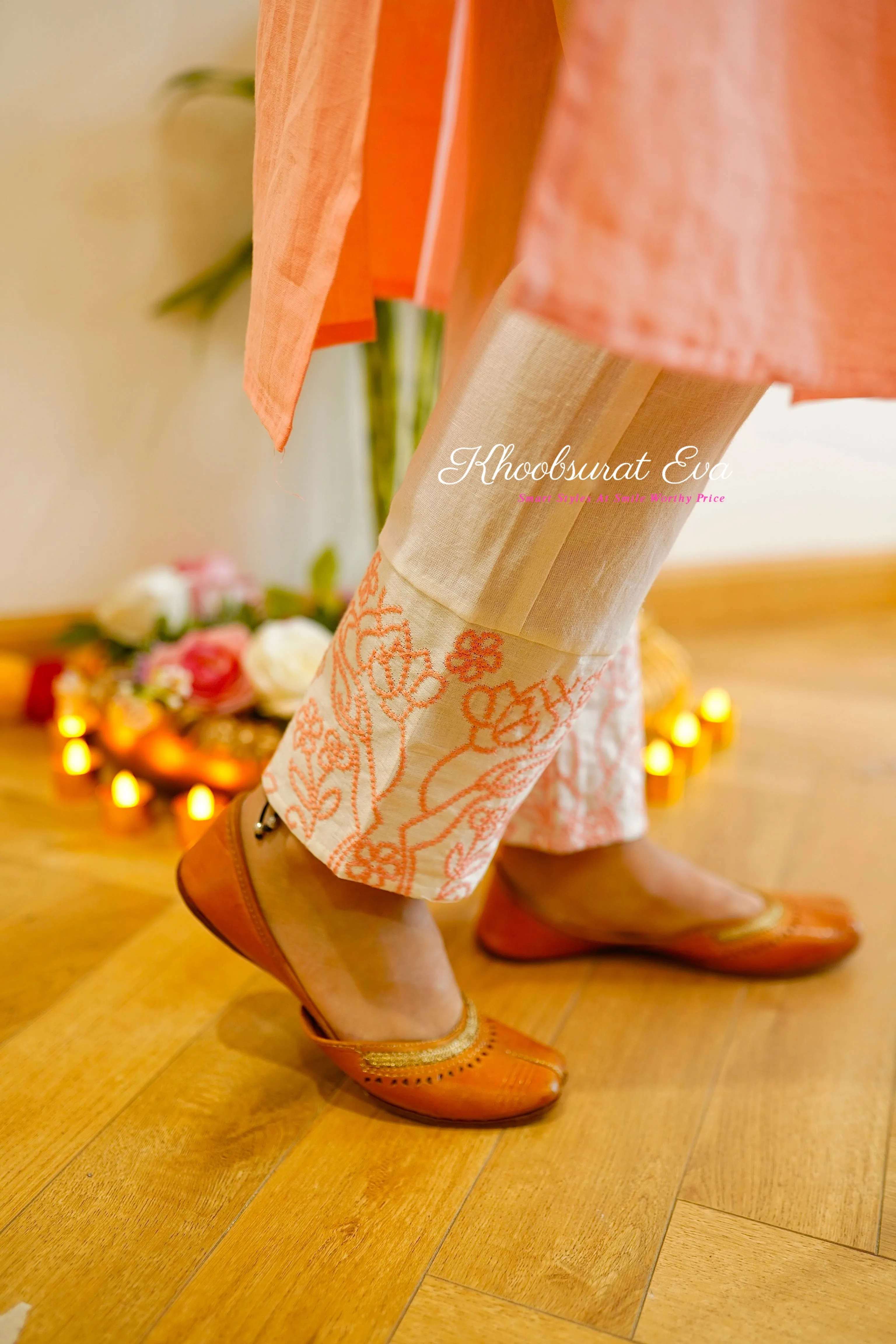 Peach And White Embroidered Kurta Set