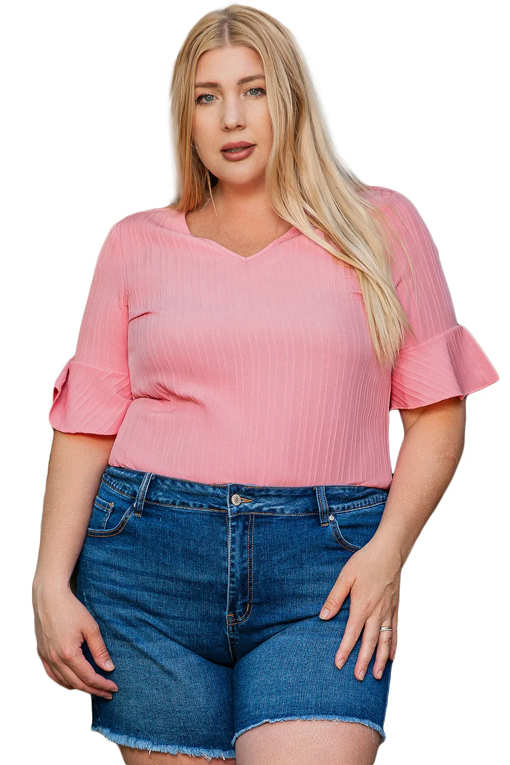 Peach Blossom Solid Color Textured V Neck Short Sleeve Plus Size Blouse