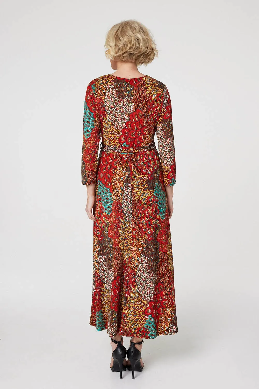 Peacock Print Wrap Maxi Dress