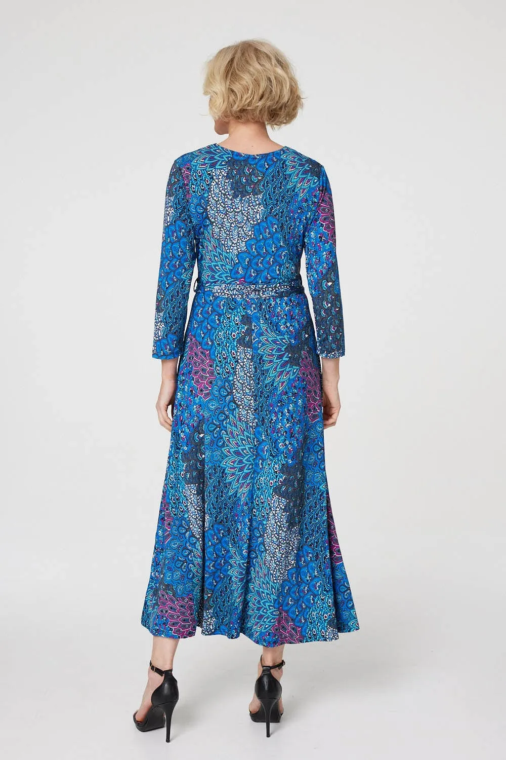 Peacock Print Wrap Maxi Dress