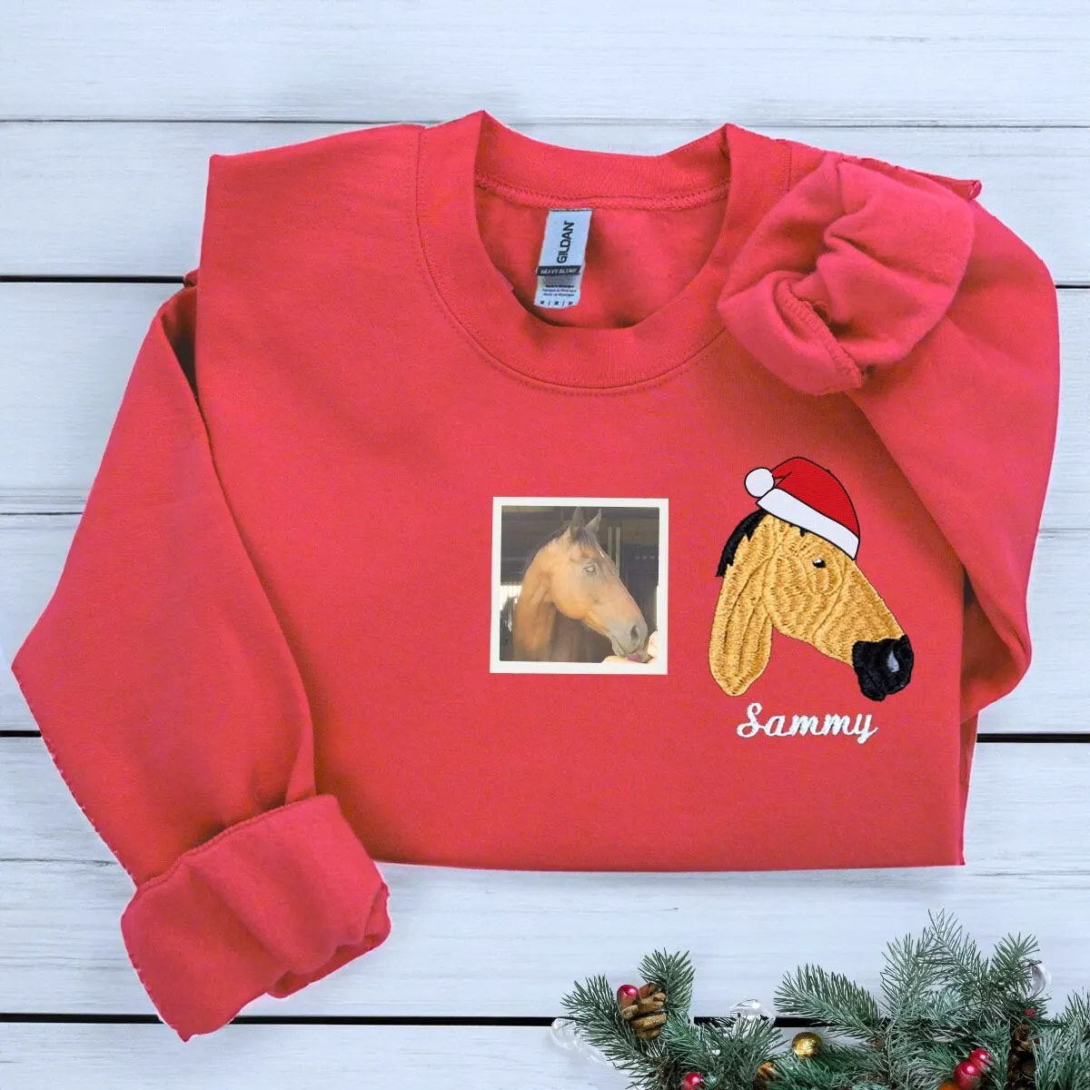 Personalized Horse Christmas Sweatshirt / Hoodie with Embroidered Photo, Unique Horse Lover Gift