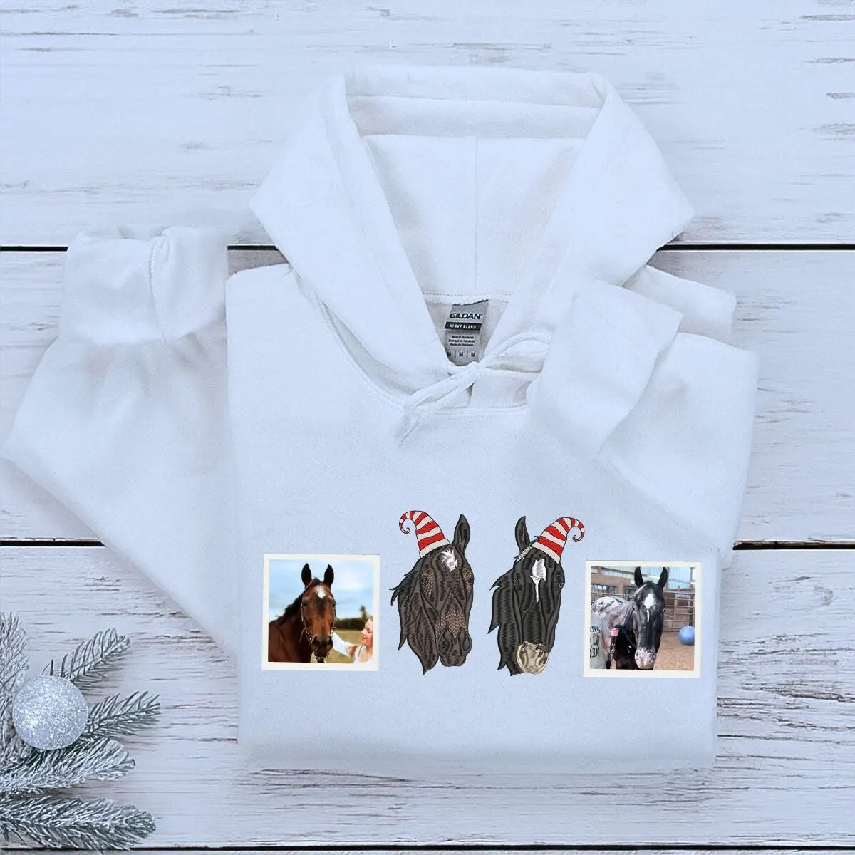 Personalized Horse Christmas Sweatshirt / Hoodie with Embroidered Photo, Unique Horse Lover Gift