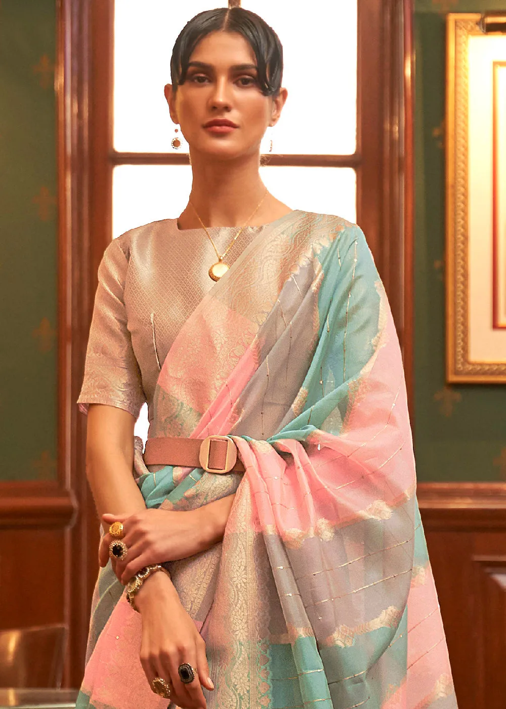 Pink & Blue Woven Organza Silk Saree