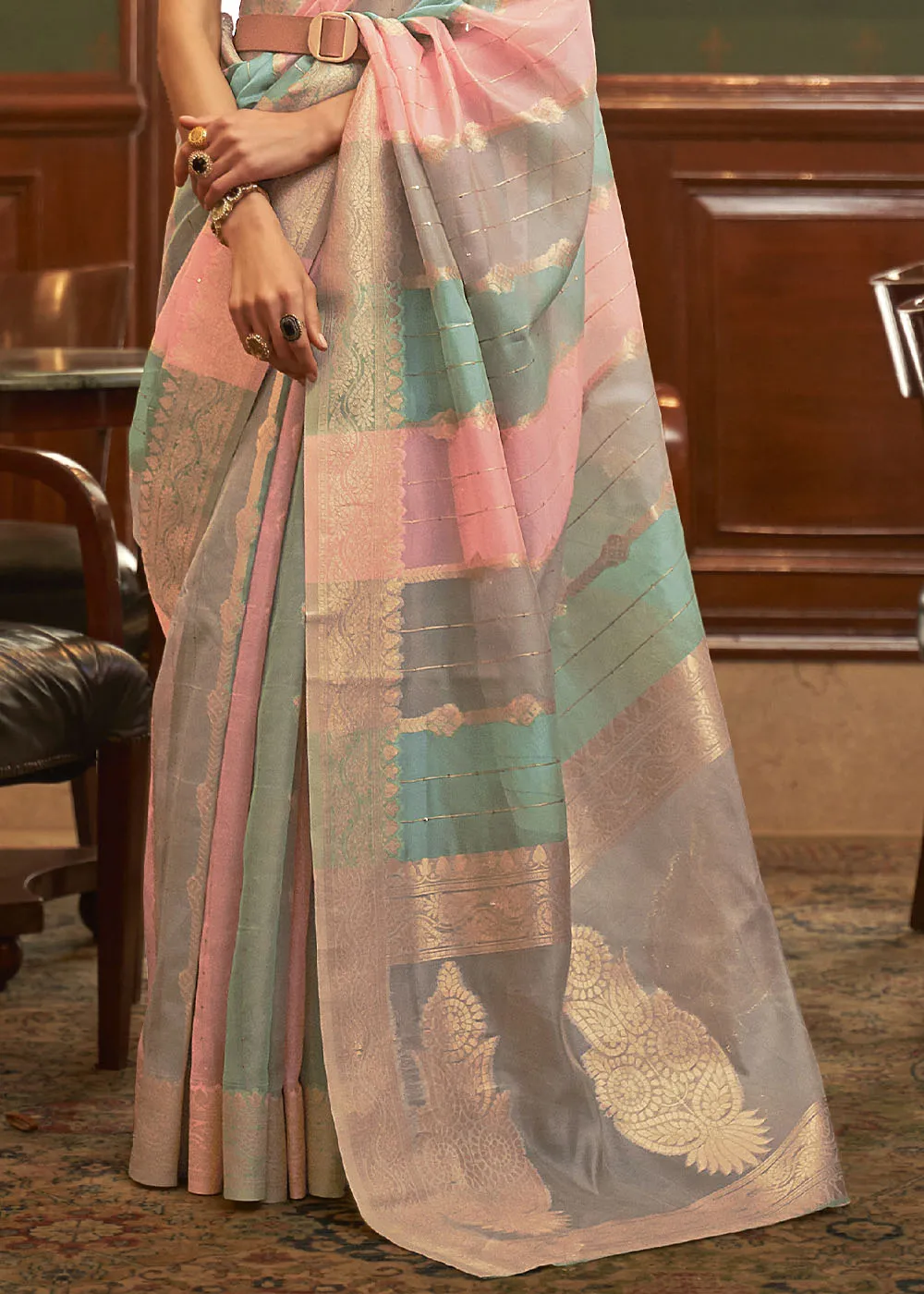 Pink & Blue Woven Organza Silk Saree