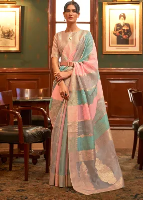 Pink & Blue Woven Organza Silk Saree