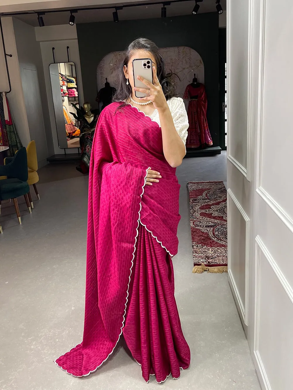 Pink Color Gadhawal Chex Material & Arca Work Saree