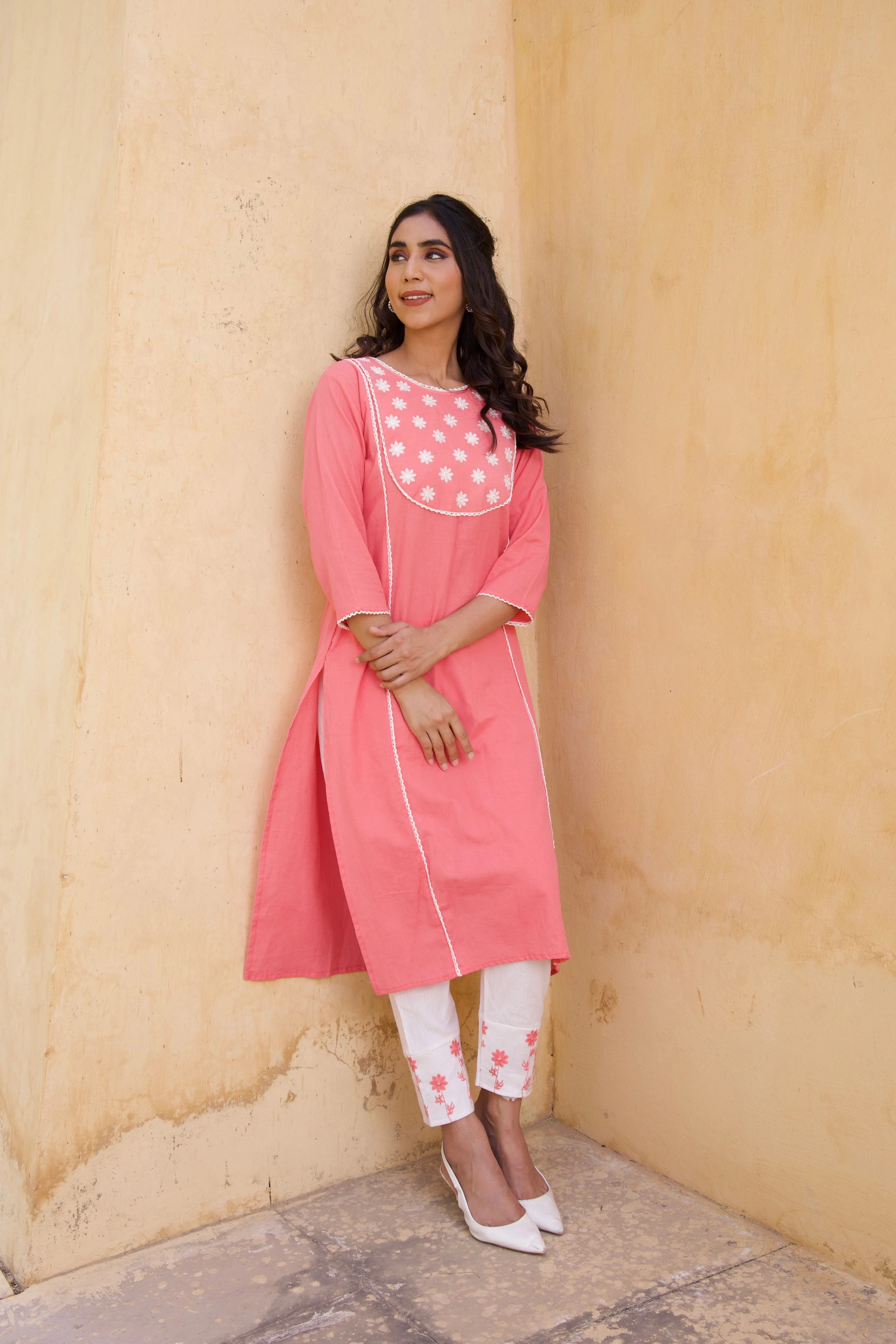 Pink Cotton floral Kurta Set