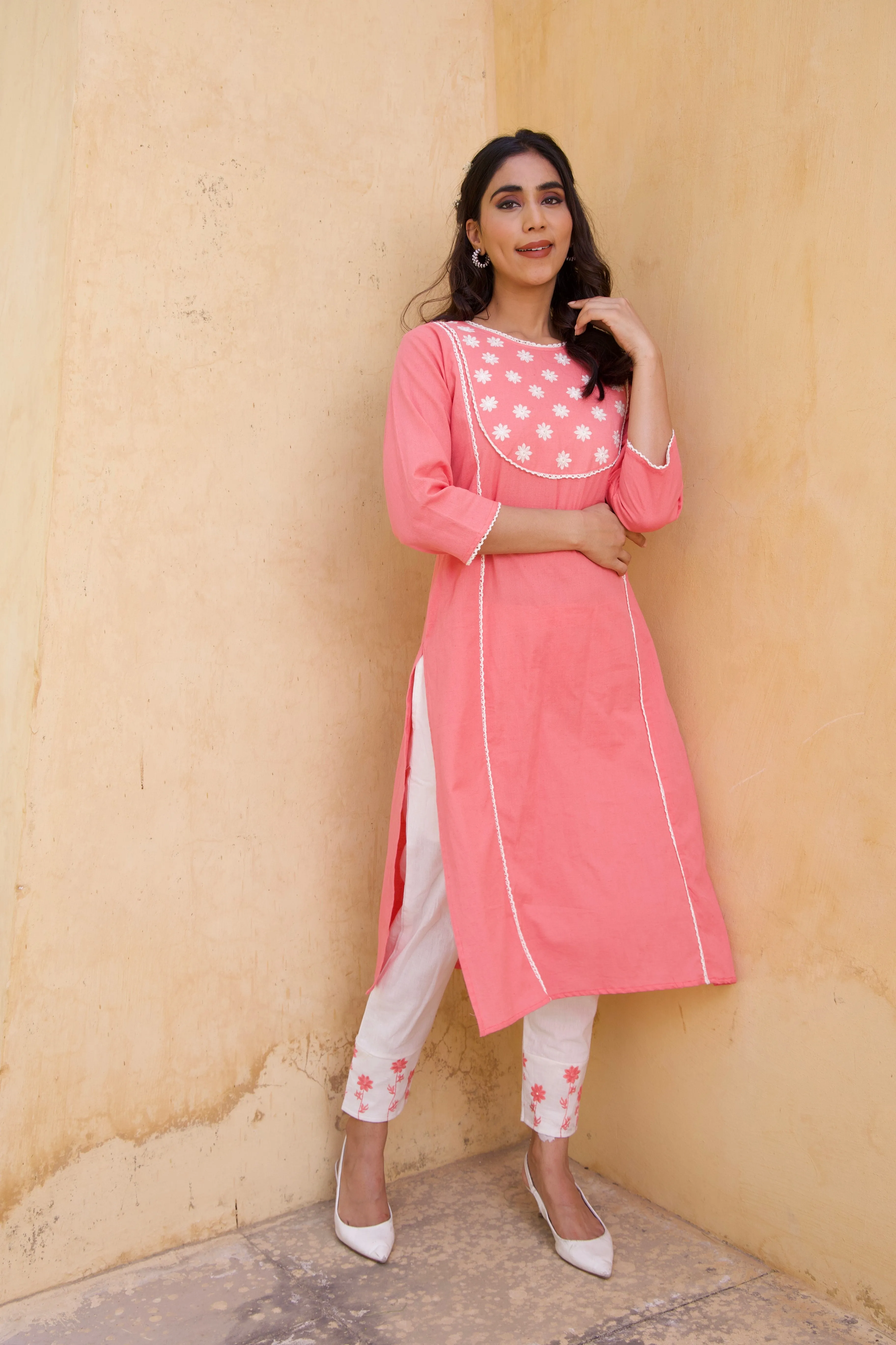 Pink Cotton floral Kurta Set