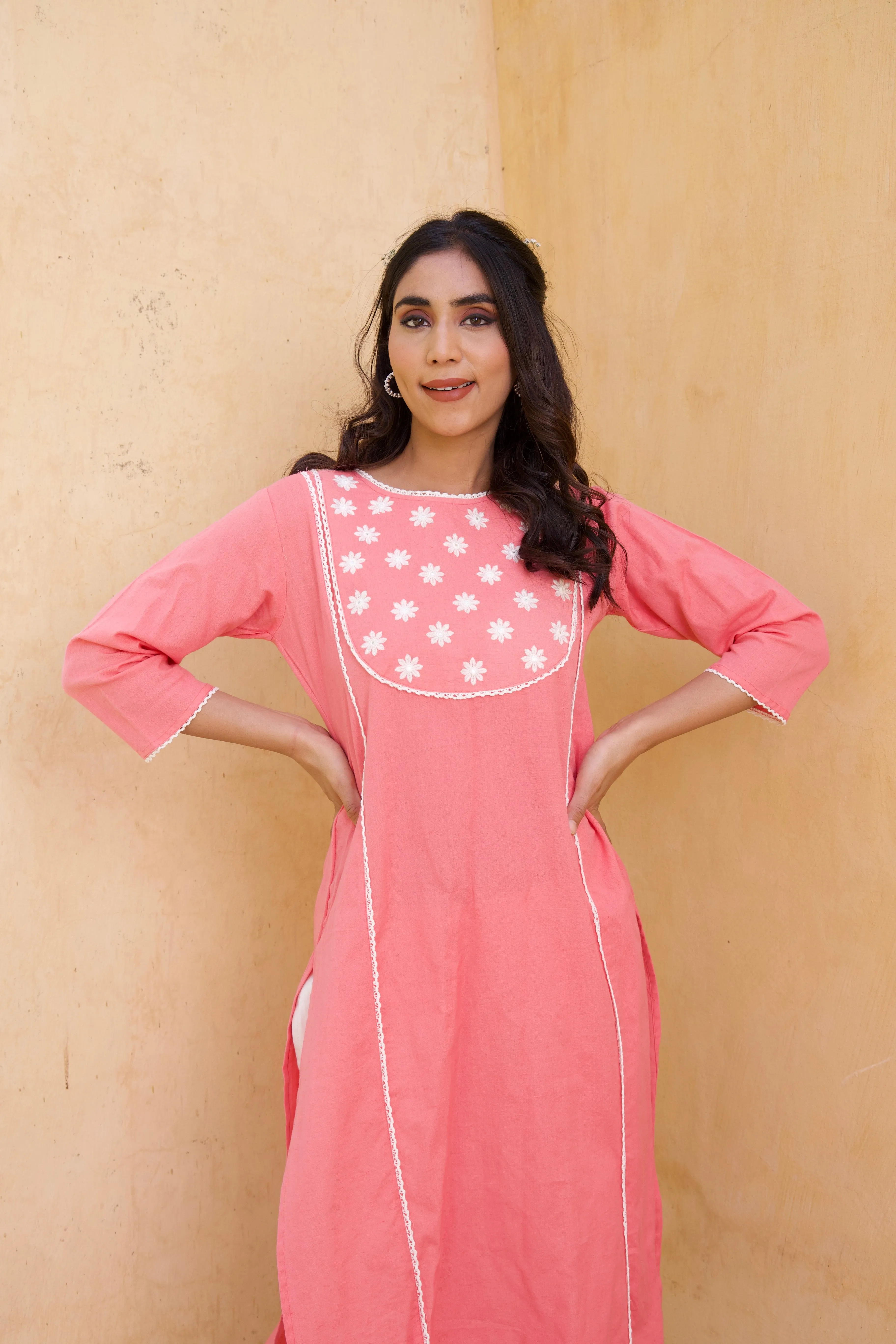 Pink Cotton floral Kurta Set