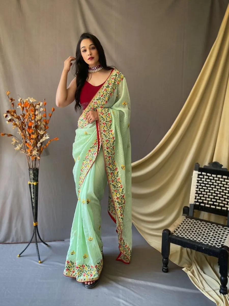 Pista Green Saree in Georgette Sequins Embroidered