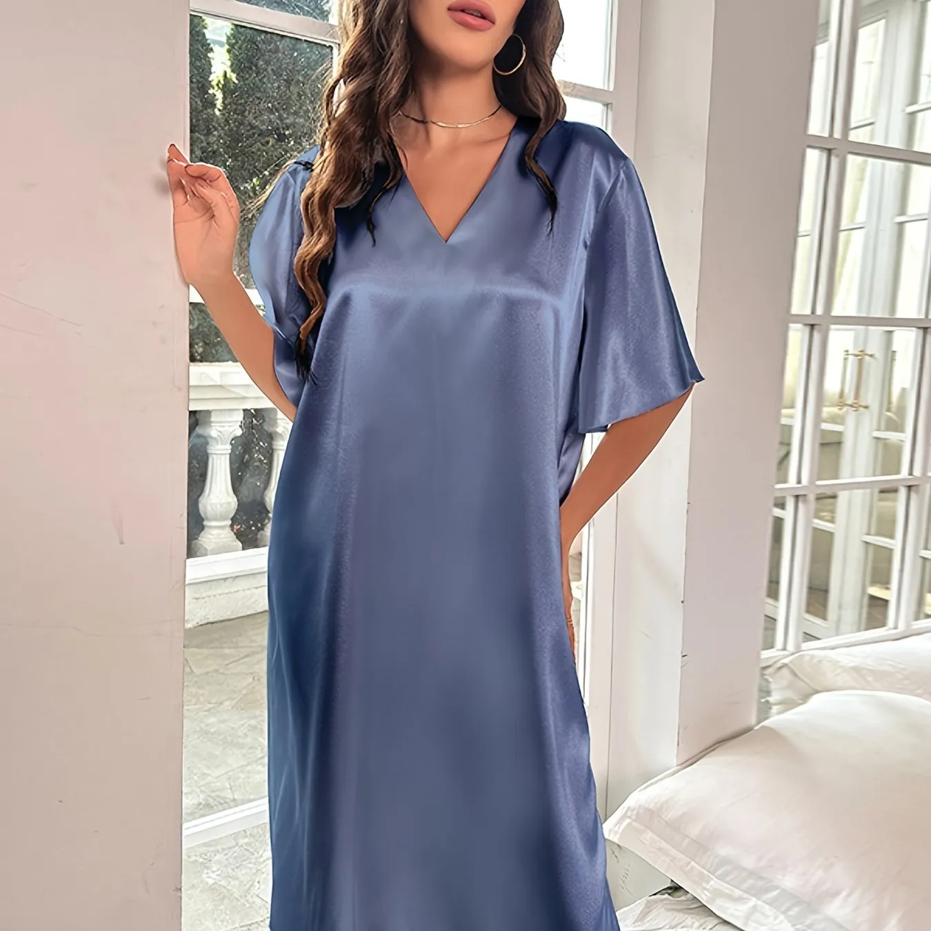 Plus Size Elegant Nightdress for Women, Featuring Smooth Satin, Ruffle Sleeves, and V Neck Design for Serene Sleep