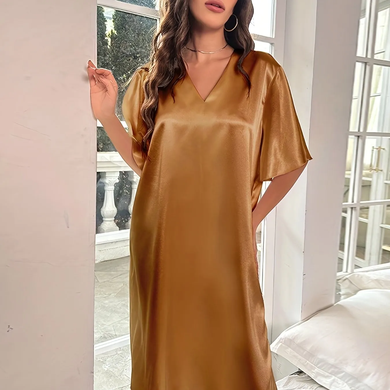 Plus Size Elegant Nightdress for Women, Featuring Smooth Satin, Ruffle Sleeves, and V Neck Design for Serene Sleep