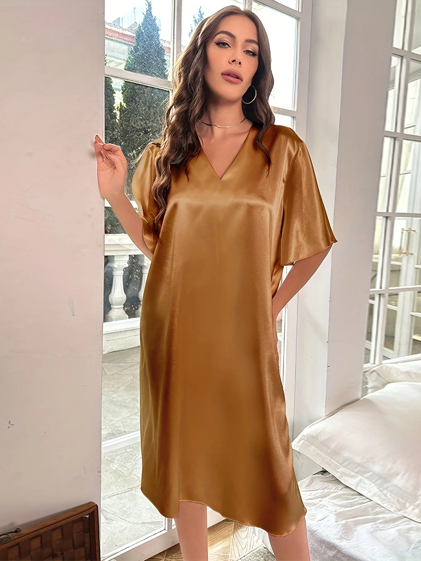 Plus Size Elegant Nightdress for Women, Featuring Smooth Satin, Ruffle Sleeves, and V Neck Design for Serene Sleep