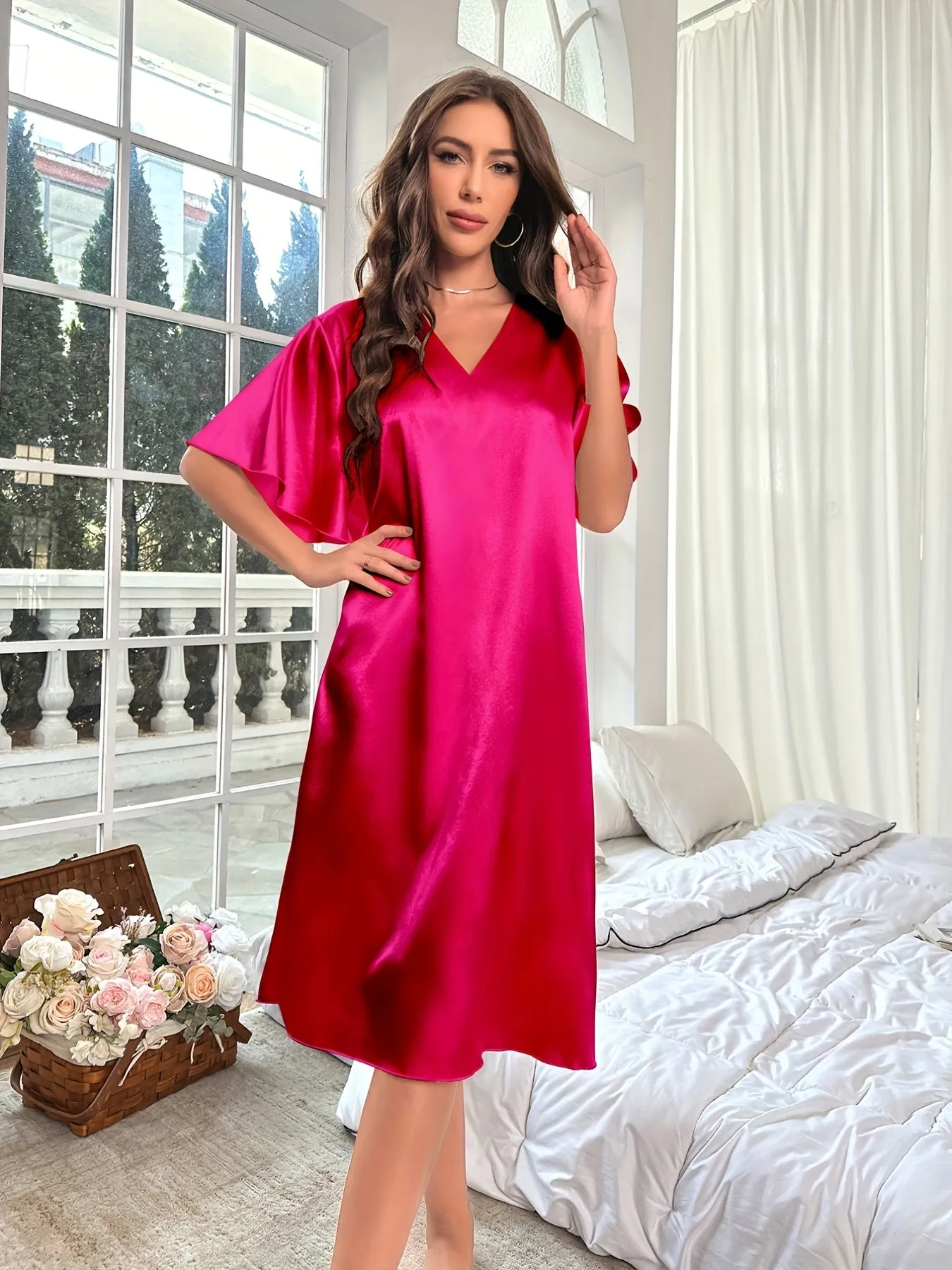 Plus Size Elegant Nightdress for Women, Featuring Smooth Satin, Ruffle Sleeves, and V Neck Design for Serene Sleep