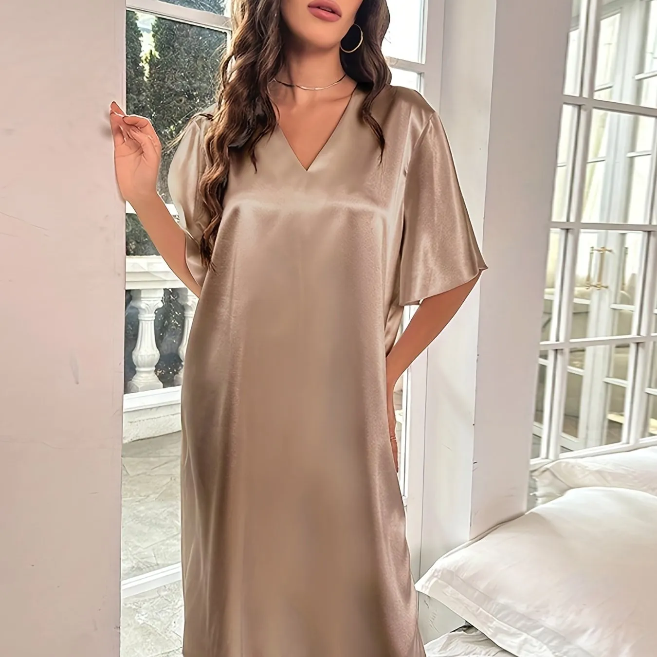 Plus Size Elegant Nightdress for Women, Featuring Smooth Satin, Ruffle Sleeves, and V Neck Design for Serene Sleep