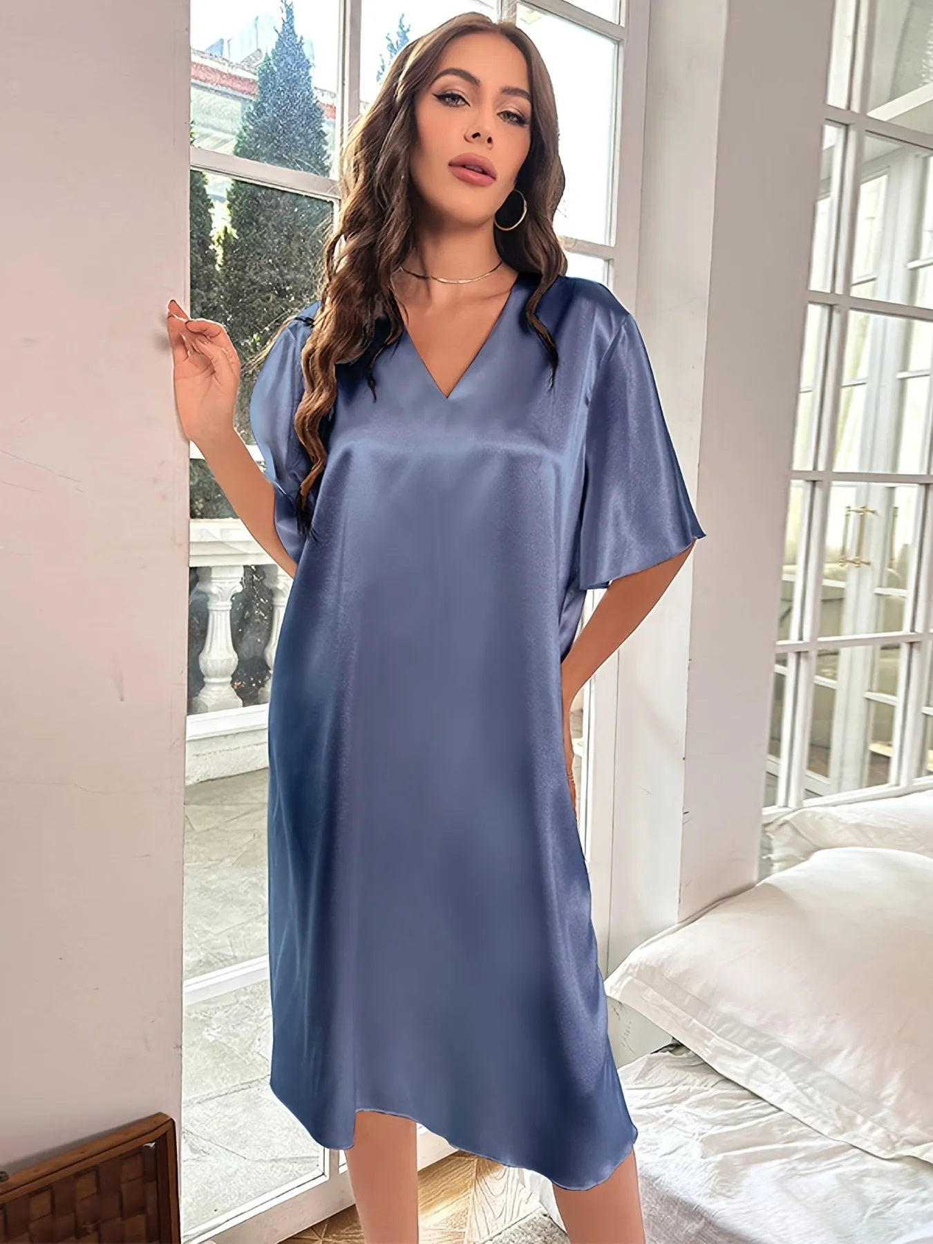 Plus Size Elegant Nightdress for Women, Featuring Smooth Satin, Ruffle Sleeves, and V Neck Design for Serene Sleep