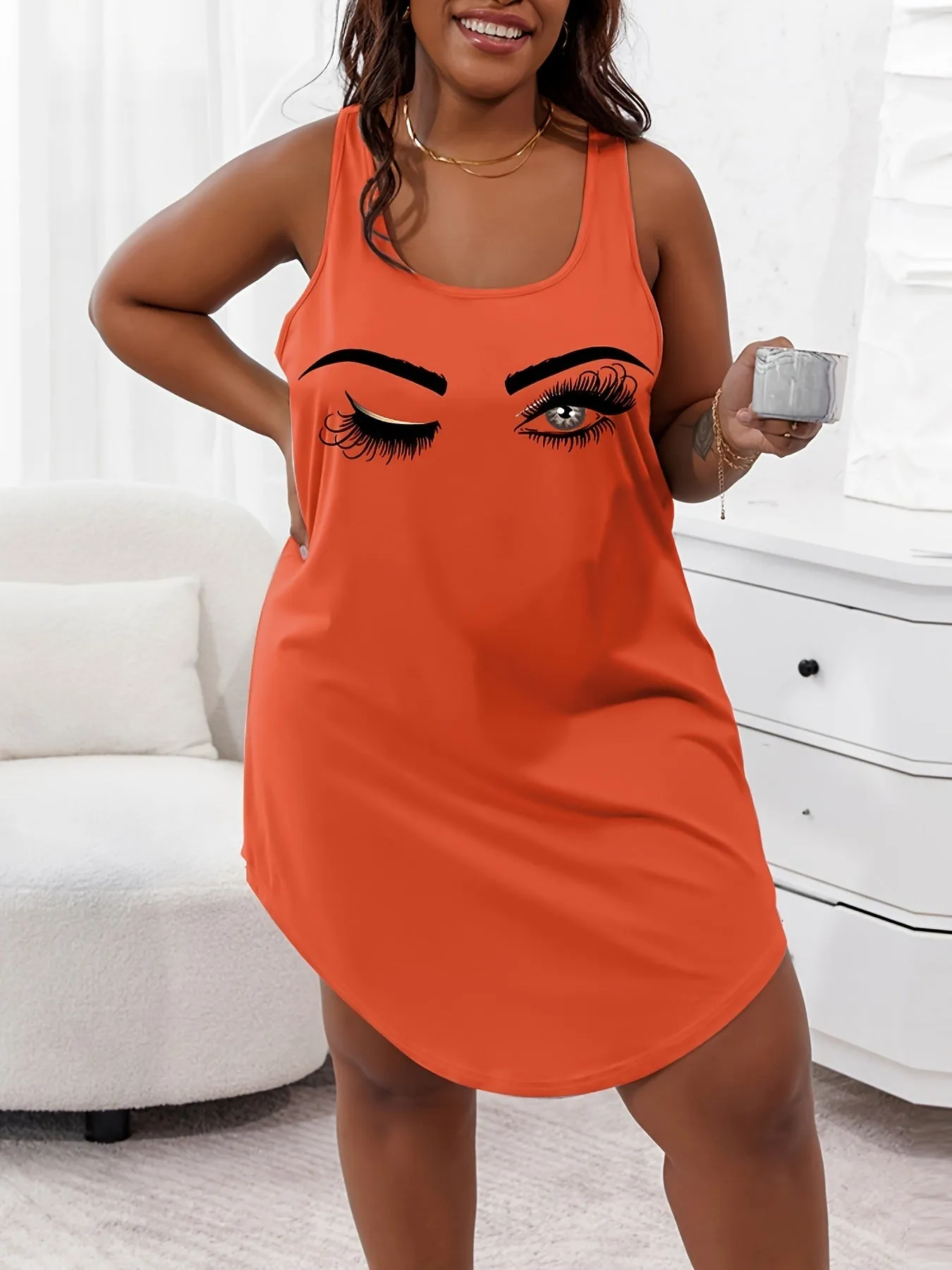 Plus Size Goblet & High Heels Print Scoop Neck Tank Sleep Dress - Effortless Elegance for Curvy Women