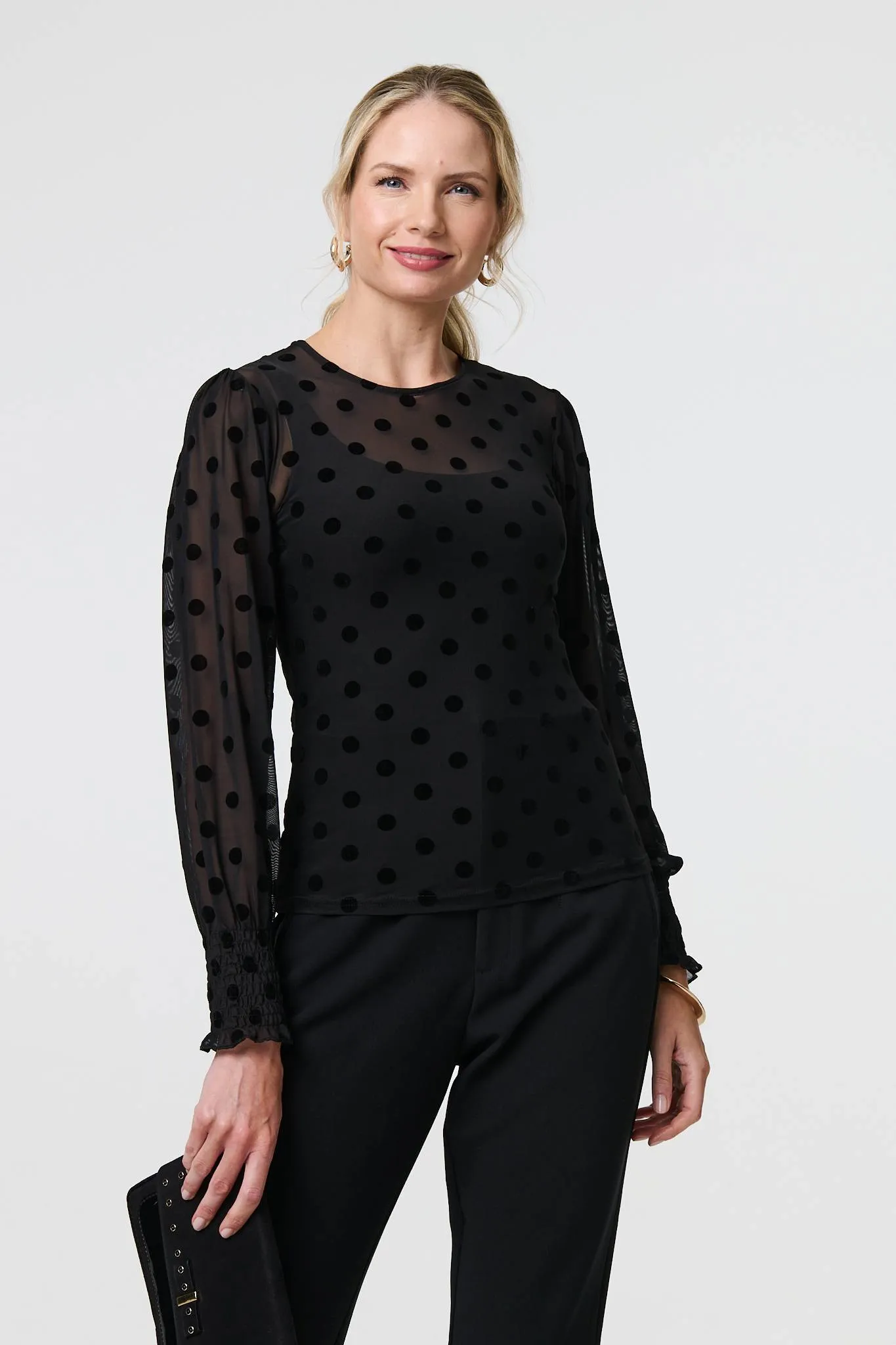 Polka Dot Sheer Mesh Puff Sleeve Blouse