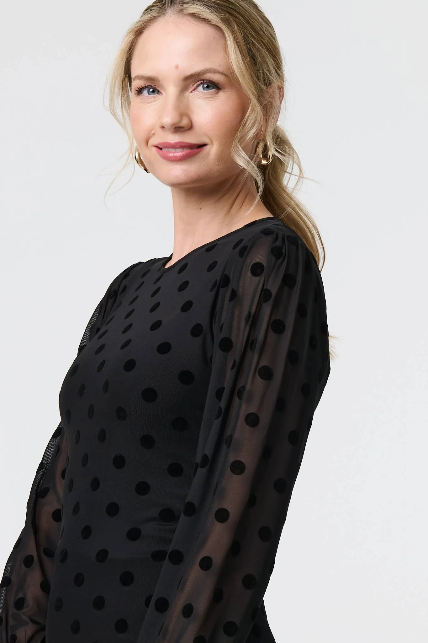 Polka Dot Sheer Mesh Puff Sleeve Blouse