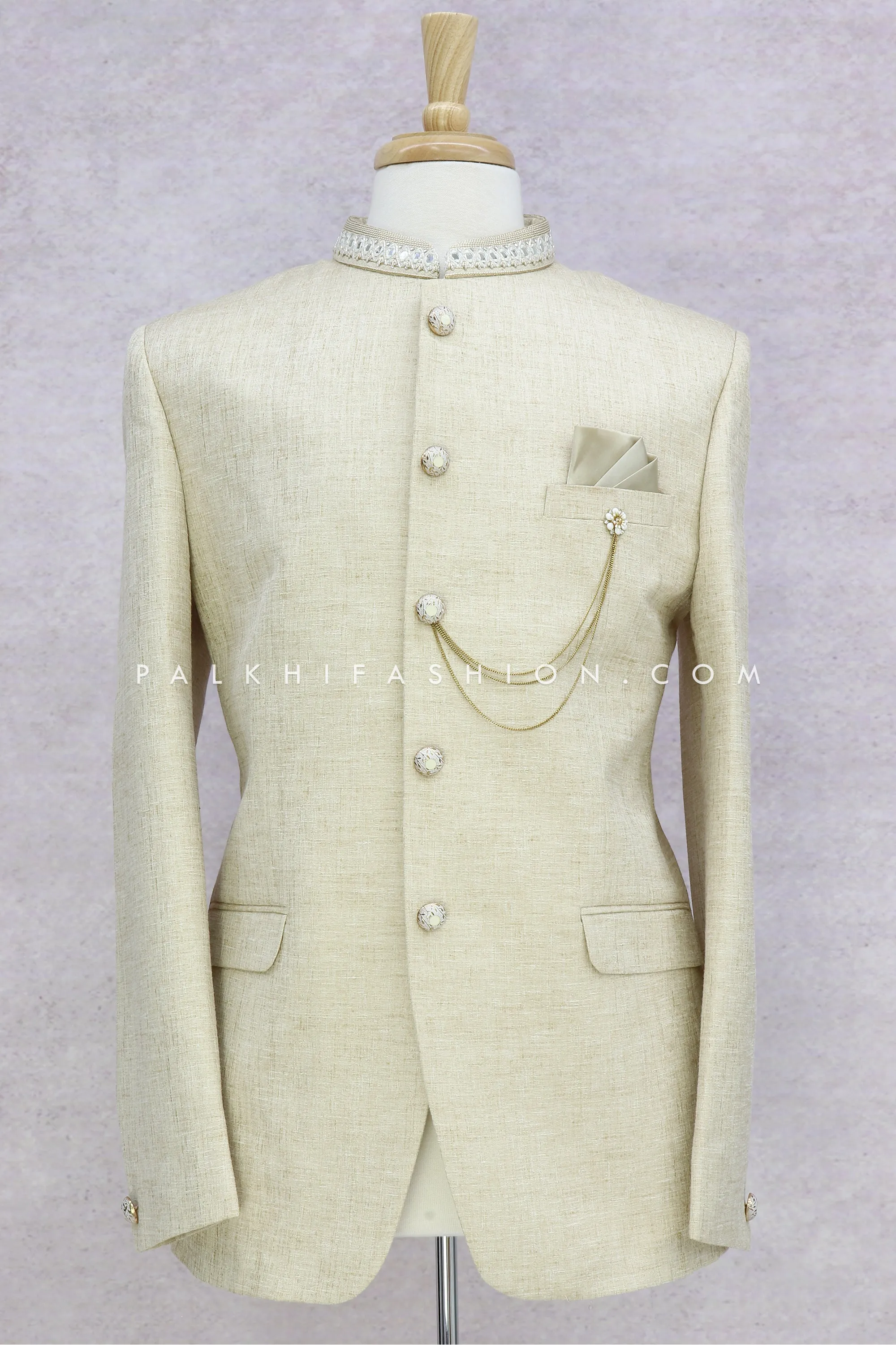 Pure Linen Beige Jodhpuri Suit From Palkhi Fashion