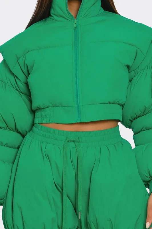 Ready or Not- Green Puffy Pant and Top Quilted Set