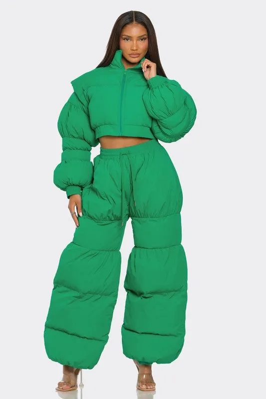 Ready or Not- Green Puffy Pant and Top Quilted Set