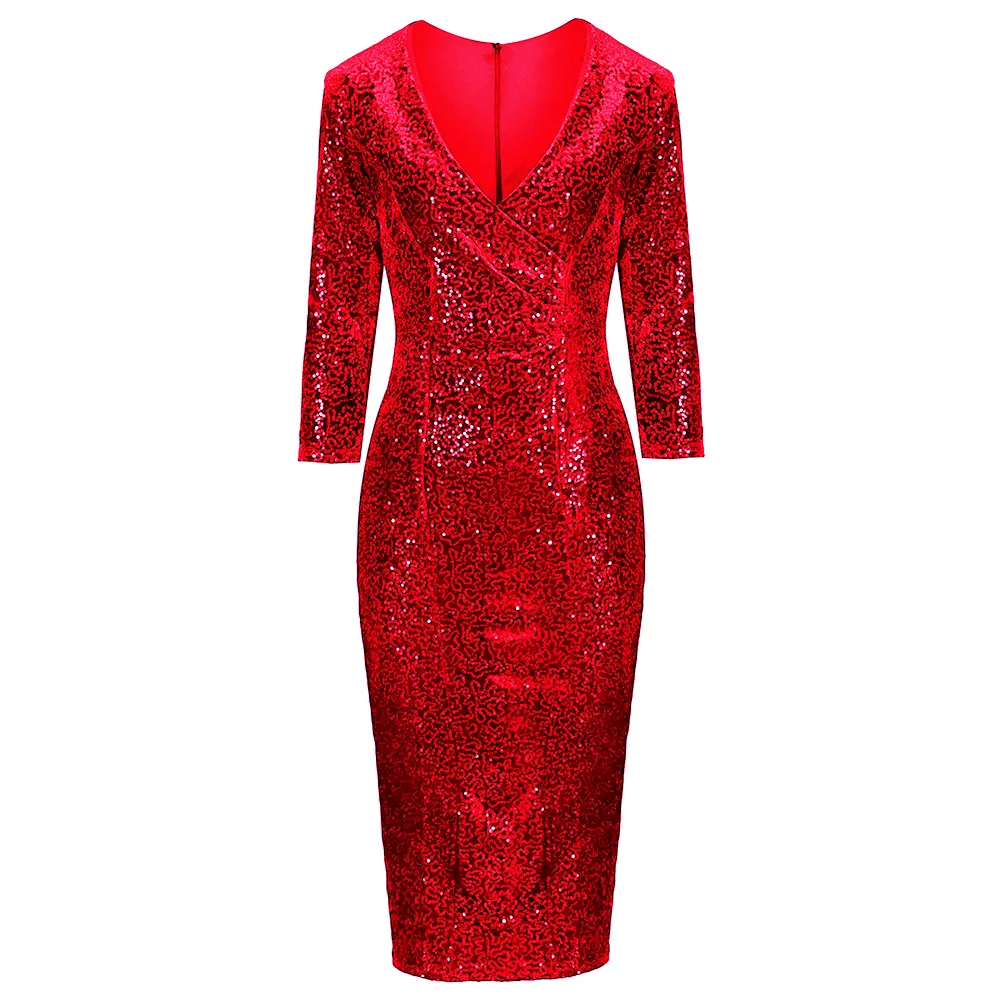 Red 3/4 Sleeve V Neck Velour Sequin Pencil Wiggle Dress