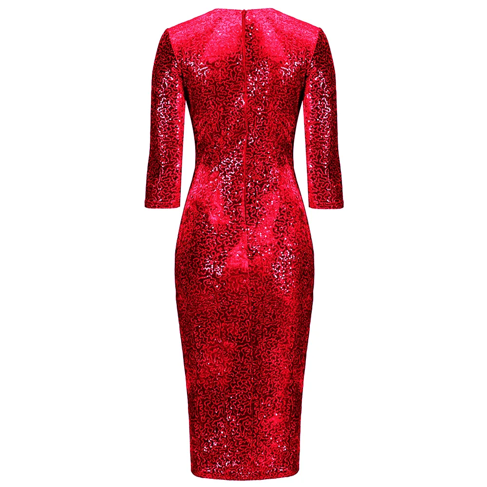 Red 3/4 Sleeve V Neck Velour Sequin Pencil Wiggle Dress