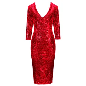 Red 3/4 Sleeve V Neck Velour Sequin Pencil Wiggle Dress