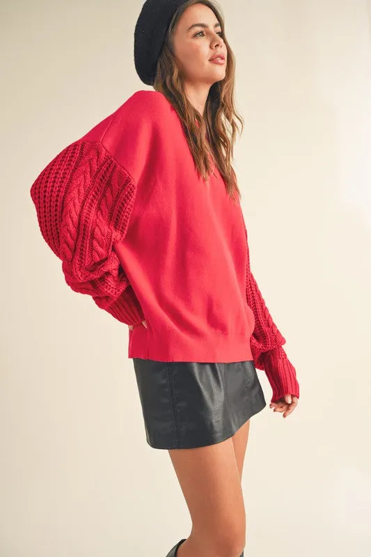 Red Holly Cable Sleeve Knit Sweater