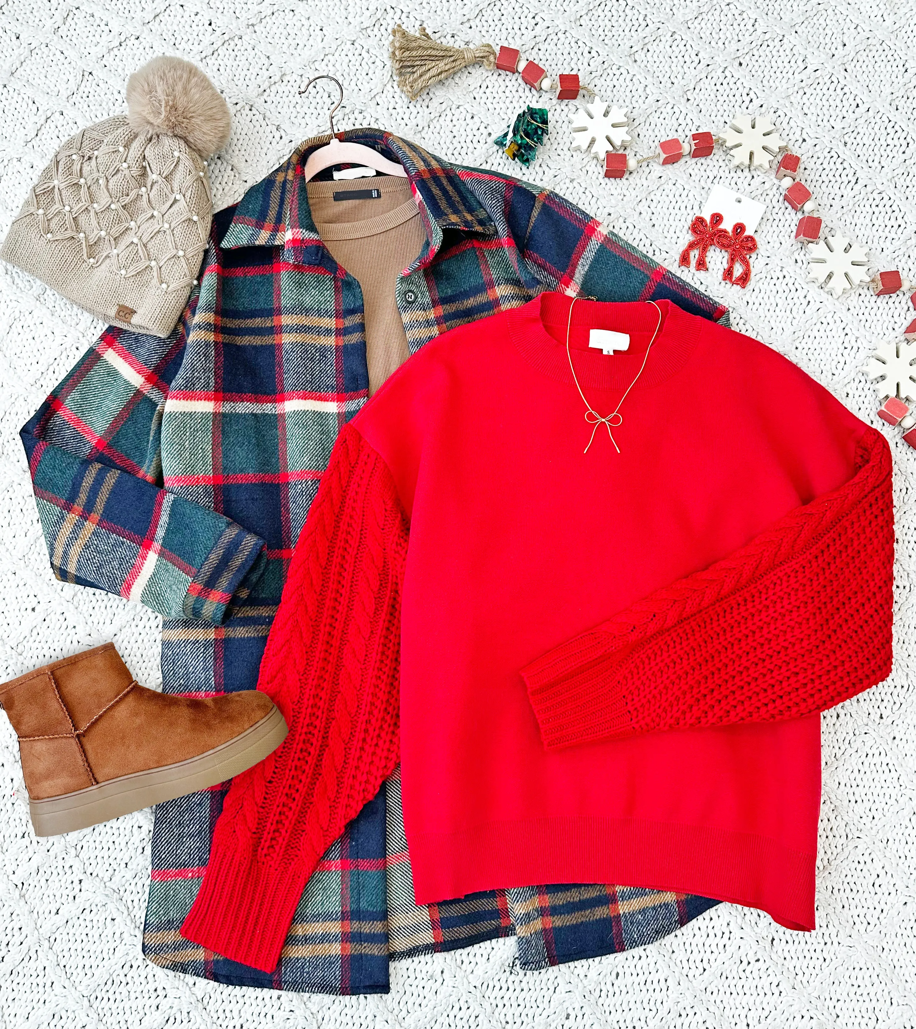 Red Holly Cable Sleeve Knit Sweater