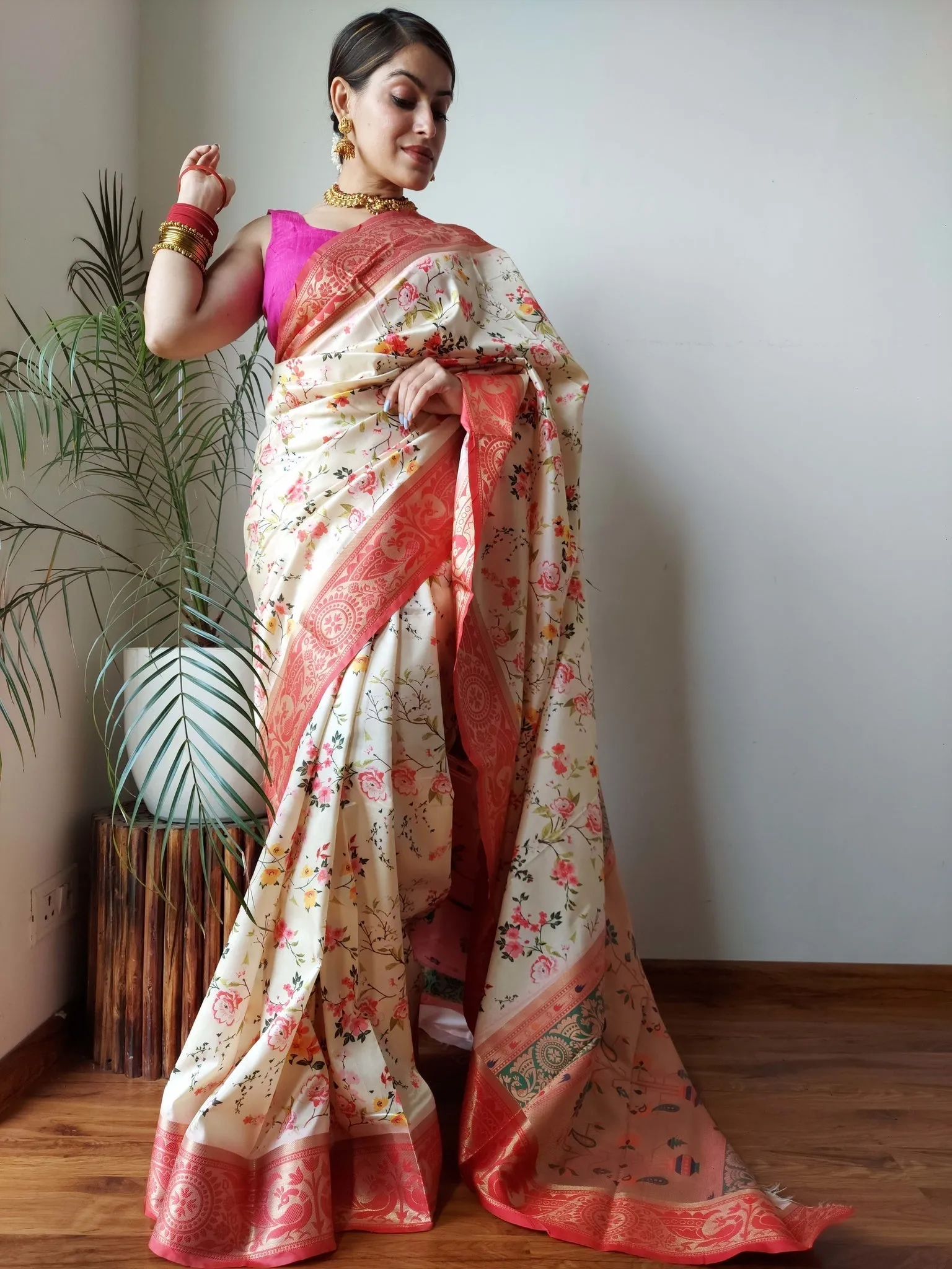 Rock White Saree With Floral Print Paithani Silk