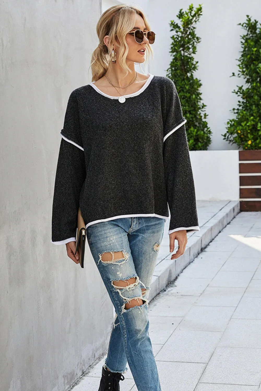 Round Neck Dropped Shoulder Sweater