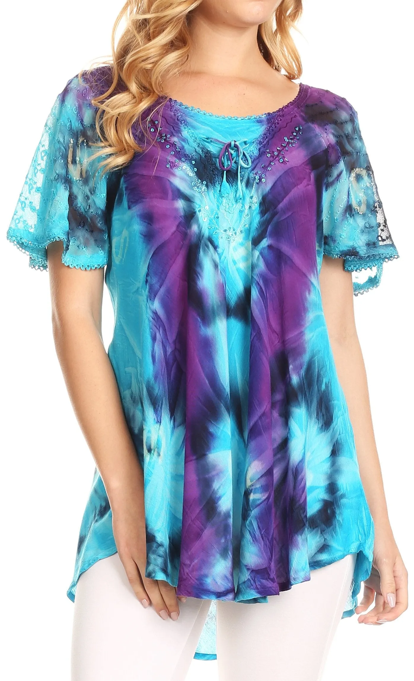 Sakkas Juniper Short Sleeve Lace Up Tie Dye Blouse with Sequins and Embroidery