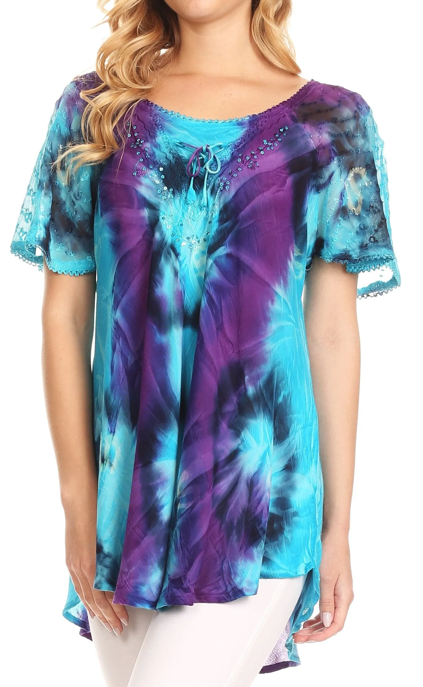 Sakkas Juniper Short Sleeve Lace Up Tie Dye Blouse with Sequins and Embroidery