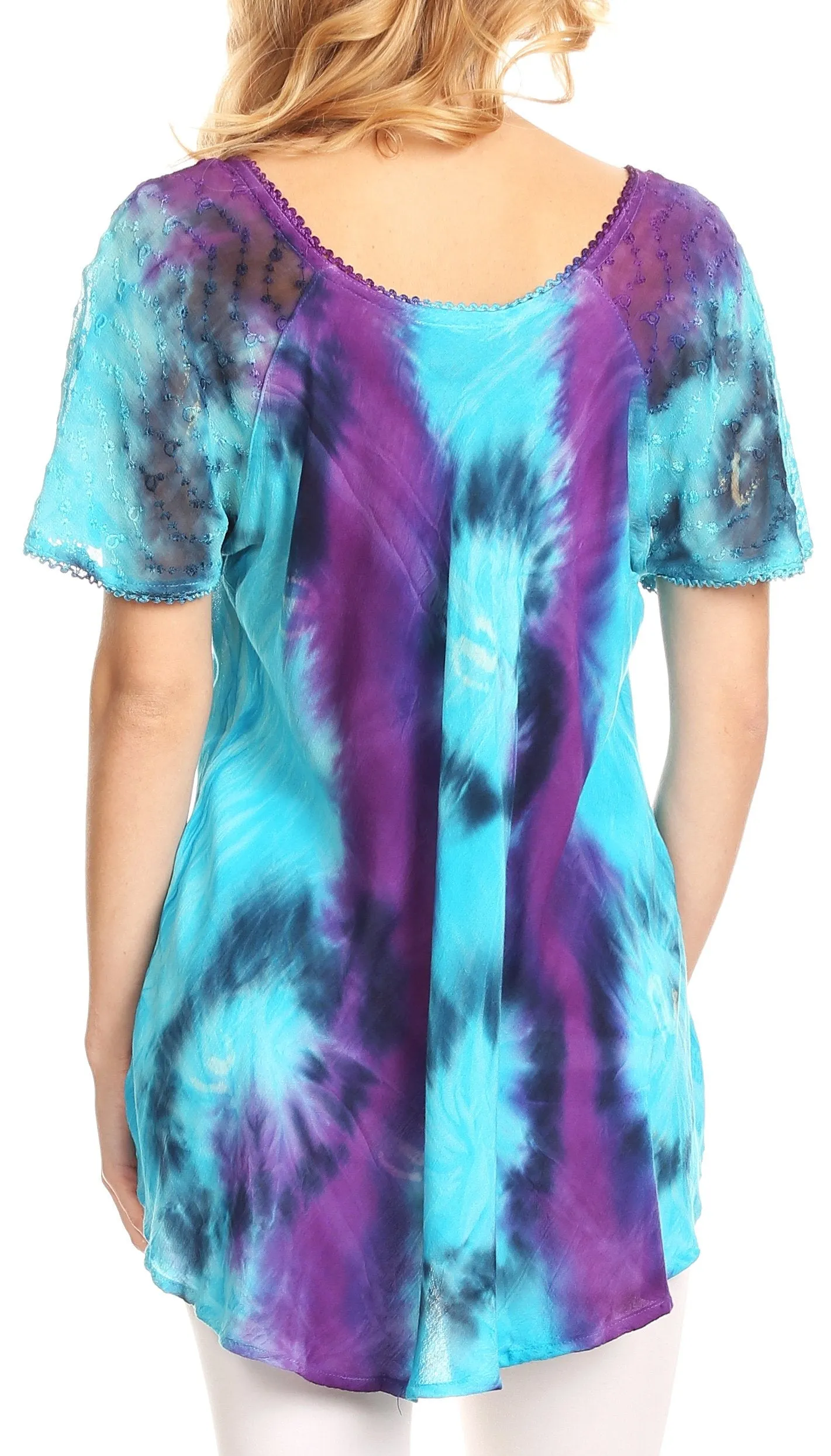 Sakkas Juniper Short Sleeve Lace Up Tie Dye Blouse with Sequins and Embroidery