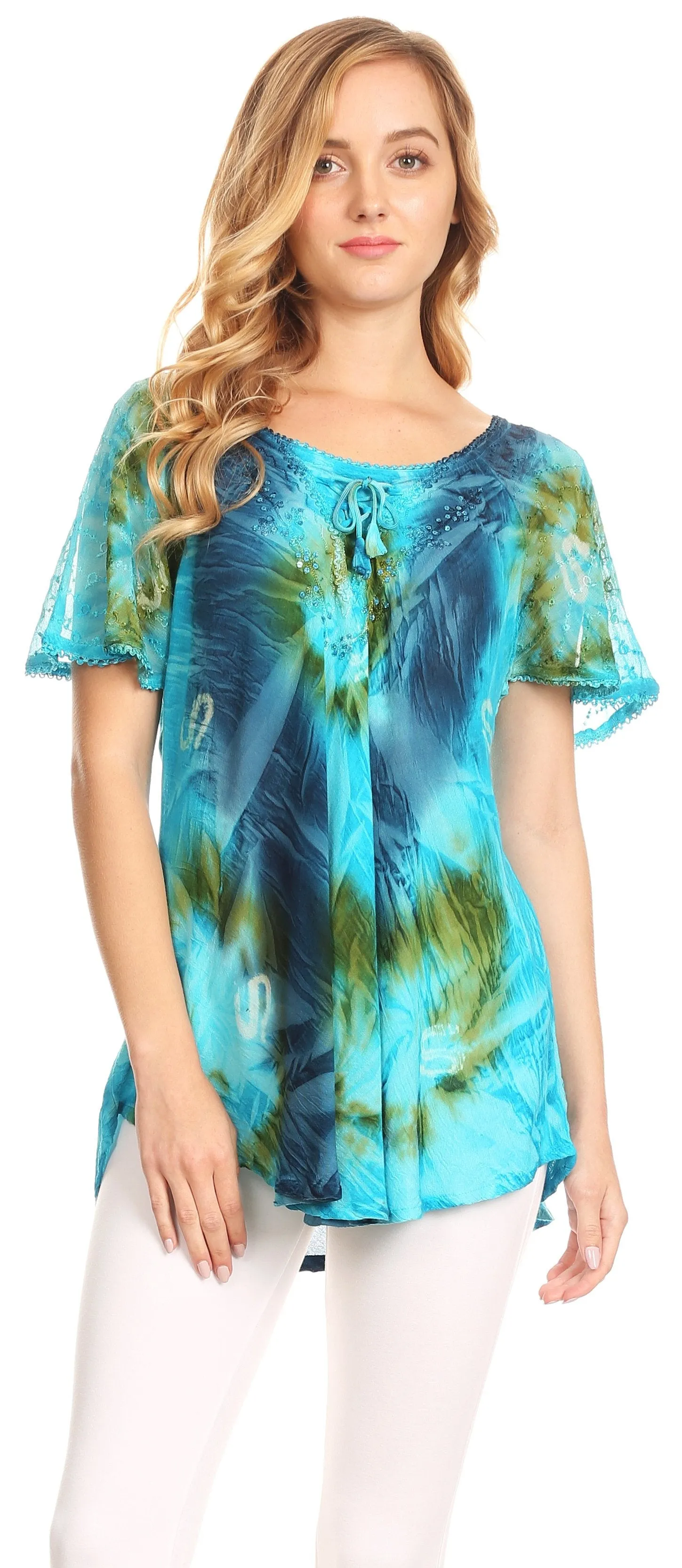 Sakkas Juniper Short Sleeve Lace Up Tie Dye Blouse with Sequins and Embroidery