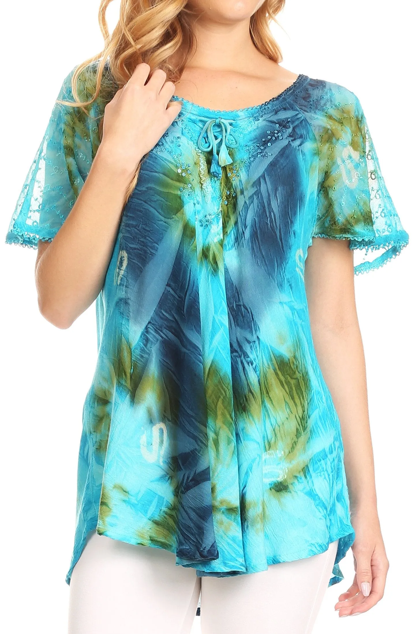 Sakkas Juniper Short Sleeve Lace Up Tie Dye Blouse with Sequins and Embroidery