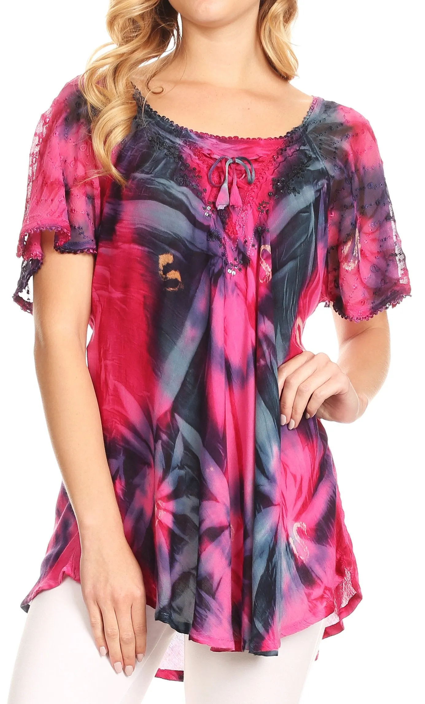 Sakkas Juniper Short Sleeve Lace Up Tie Dye Blouse with Sequins and Embroidery