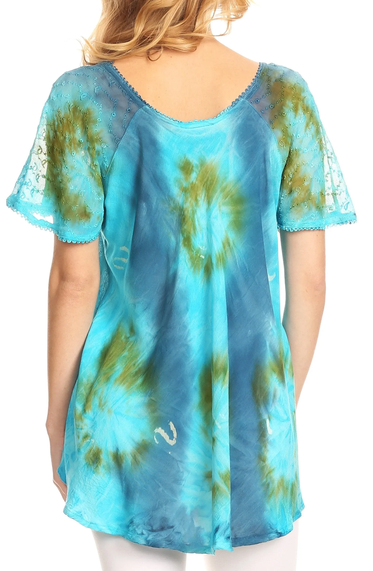 Sakkas Juniper Short Sleeve Lace Up Tie Dye Blouse with Sequins and Embroidery