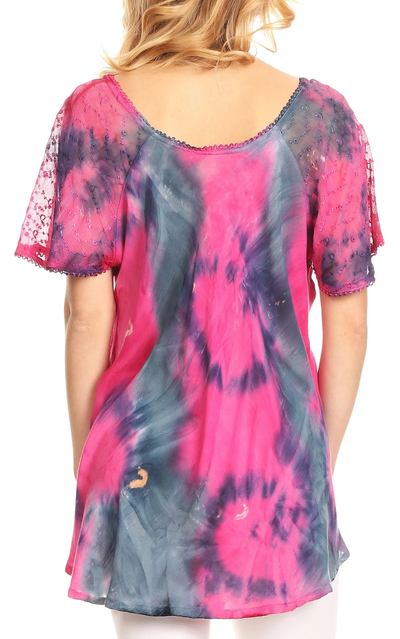 Sakkas Juniper Short Sleeve Lace Up Tie Dye Blouse with Sequins and Embroidery