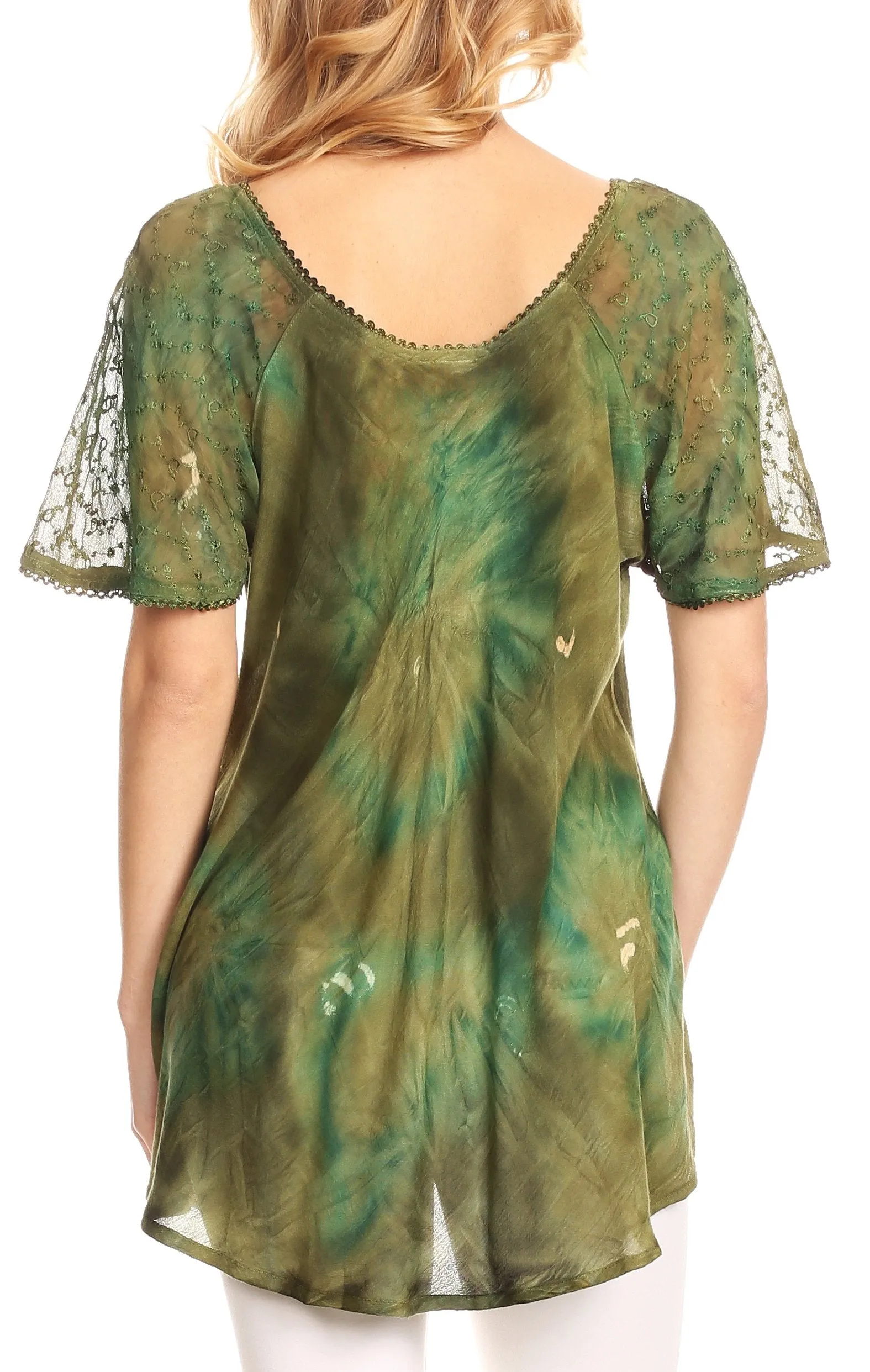 Sakkas Juniper Short Sleeve Lace Up Tie Dye Blouse with Sequins and Embroidery