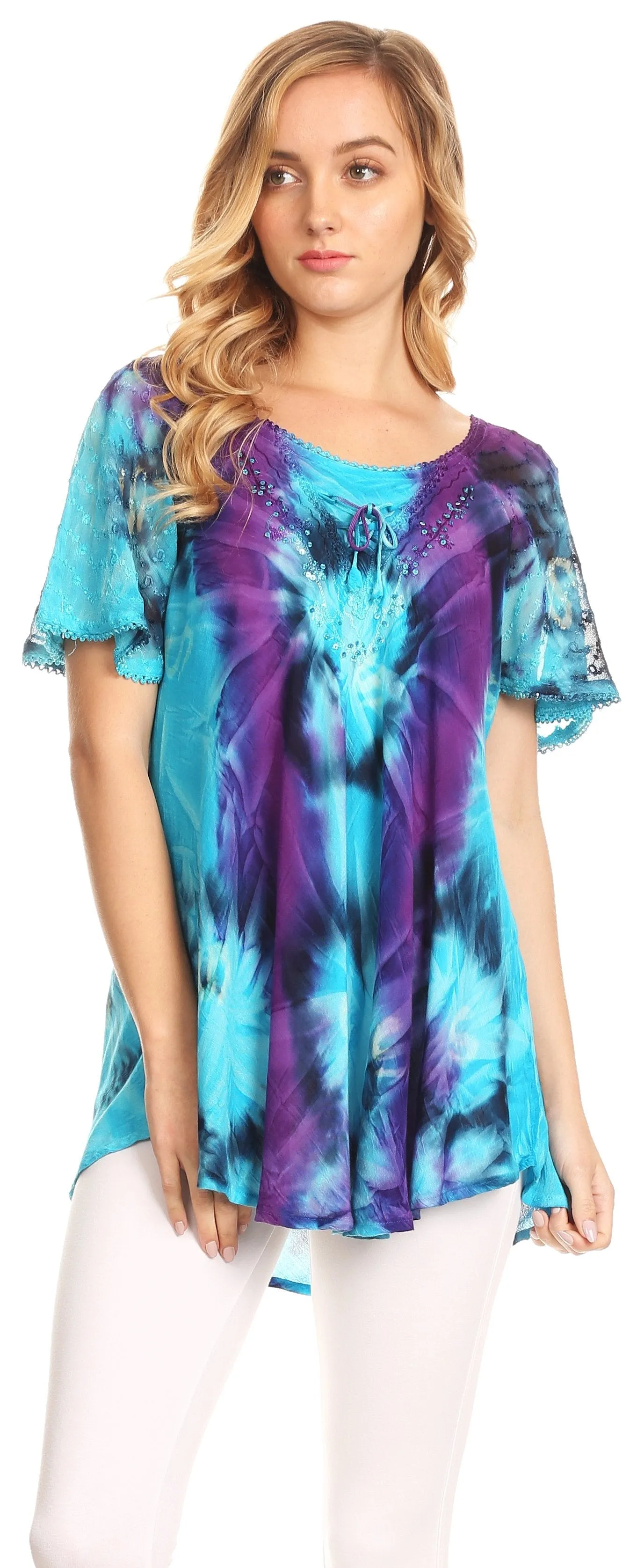 Sakkas Juniper Short Sleeve Lace Up Tie Dye Blouse with Sequins and Embroidery