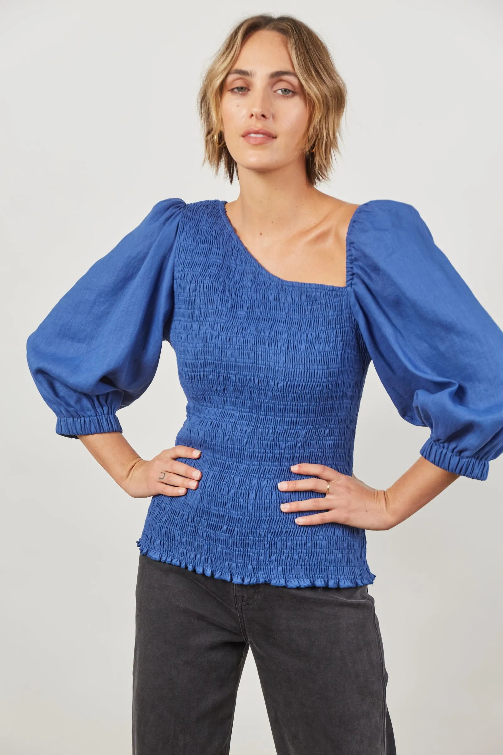 SALE - Panorama Linen Top - Azure Blue