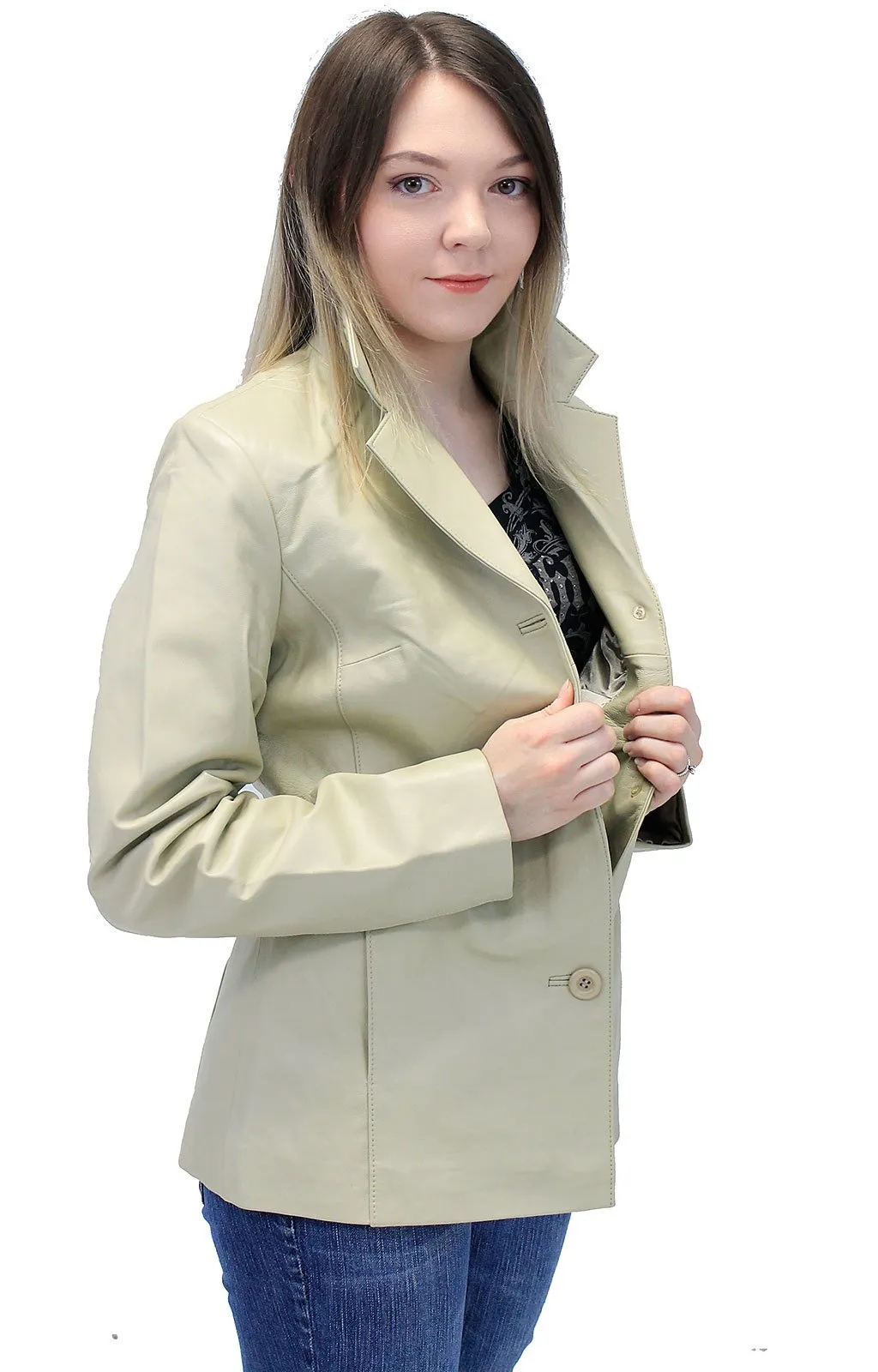 Sand Color Women's 3 Button Genuine Leather Coat #L32BTT (S-3X)