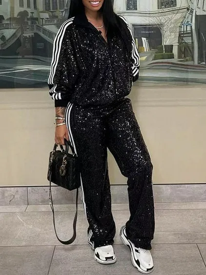 Sexy Black & White Stripe Sequin Jogger Set