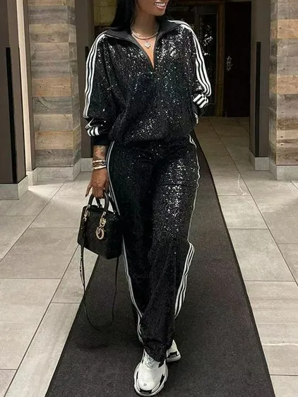 Sexy Black & White Stripe Sequin Jogger Set